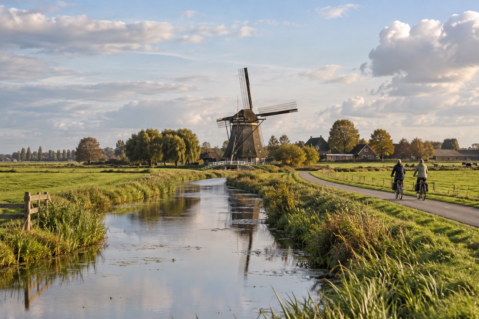 Fietsers op een pad langs een watergang en een molen