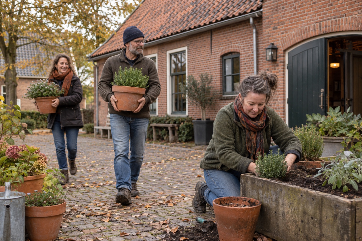 Vrijwilligers verzorgen planten bij een buurthuis